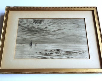 Cuadro antiguo firmado en blanco y negro de veleros lejanos sobre papel (P324)