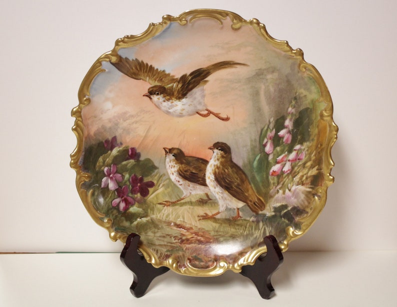Ca.1890-1920 Signed Dubois L.Straus & Sons Limoges Quails Wall Plate afbeelding 1