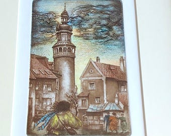 Grabado antiguo a color "Sopron" firmado por la húngara Gabriella Sulyok (PR342)