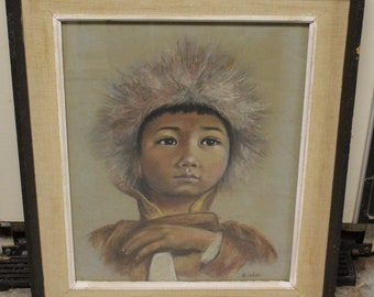 Indigenous Canadian Indian Portrait Pastel/Chalk Drawing Signed Quinlan