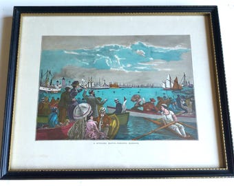 Grabado coloreado a mano, c. 1882, titulado "Una competición de remo en el puerto de Toronto" (PR344).