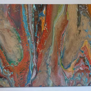 May include: Abstract acrylic painting on canvas with a flowing, layered design. The artwork features a blend of colours including red, brown, blue, green, and yellow, creating a textured, organic appearance. The painting is signed in the lower right corner.