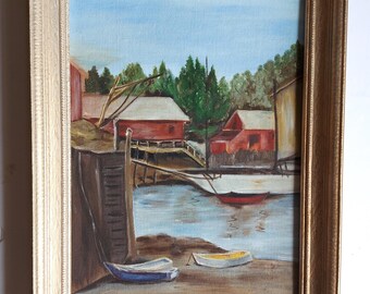 Cuadro antiguo del puerto de la isla Mantinicus, Maine, pintado sobre tabla y firmado.