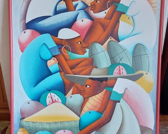 Gran cuadro de gente en un mercado haitiano, firmado por el artista Laurent Casimir (P315).