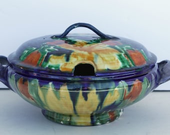 Colorful Old Antique Red Clay Drip Glazed Majolica Art Pottery Tureen