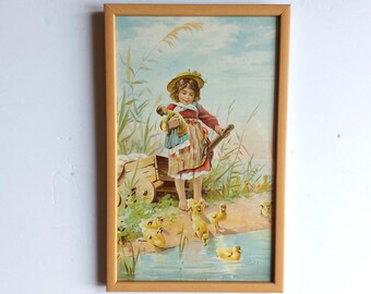 Cromolitografía antigua - Niña descalza con patitos (PR357)