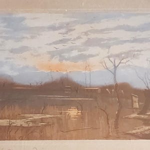 May include: An impressionistic painting of a marsh landscape. The artwork depicts a body of water reflecting the sky, with bare trees and a distant horizon. The sky is a mix of blue, white, and orange hues, suggesting a sunrise or sunset.