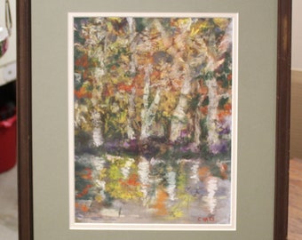 Signed Birch Tree Reflections Impressionist Pastel Painting