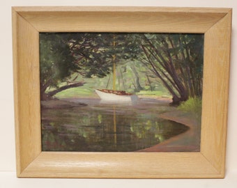 Vintage Acrylic Boat On Water Painting Signed By Listed Canadian Arthur Lidstone (1903-1971)