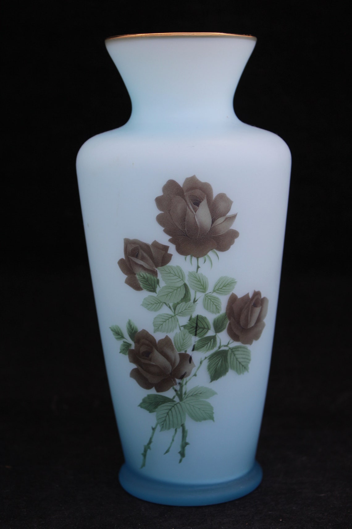 Vintage Blue Frosted Glass Vase With Floral Transfer Decor Etsy