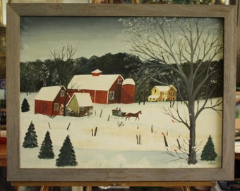 Vintage Country Winter Scene Folk Art Painting Signed O. Ross