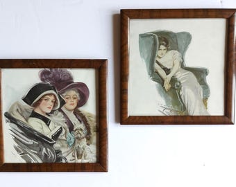 Juego de 2 láminas vintage de moda femenina en marcos de época (PR355)