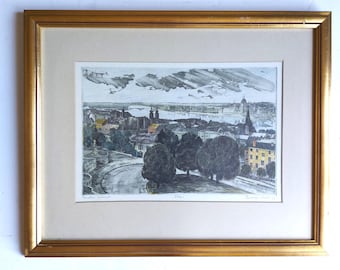 Budai Hazak" (Casas de Buda) Grabado del artista húngaro Csurgói Máté Lajos (PR340)