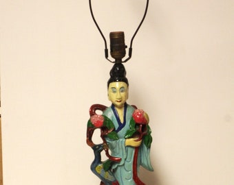 Colourful Vintage Painted Plaster Asian Geisha Lady Figural Table Lamp