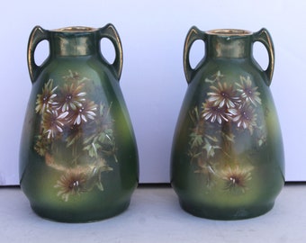 Pair Of Small Antique Green Ceramic European Vases