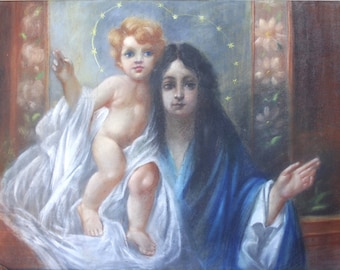 Antique Religious Signed 1910 Art Nouveau Holy Virgin & Child Pastel Painting