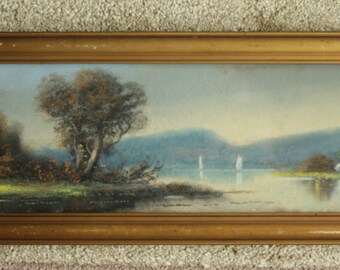 Small 20" Wide Antique/Vintage Lakeside Pastel Drawing