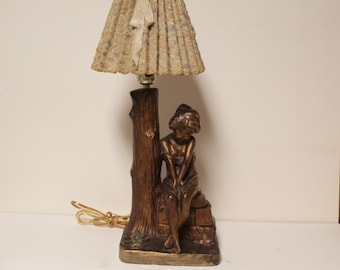 Antique Copyrighted 1921 Figural Sitting Girl By Tree Chalkware Lamp