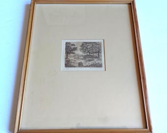 Miniatura enmarcada, edición limitada 47/100, Cisnes en un estanque, grabado, firmado y fechado.