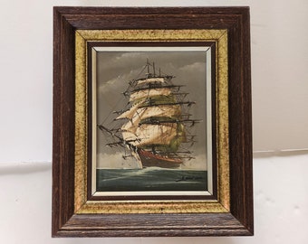 Original Mid Century Retro Tall Ship Painting Illegibly Signed