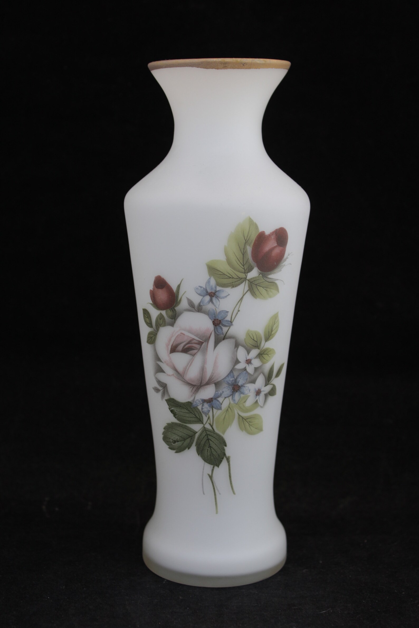 Vintage White Frosted Glass Vase With Floral Transfer Decor Etsy