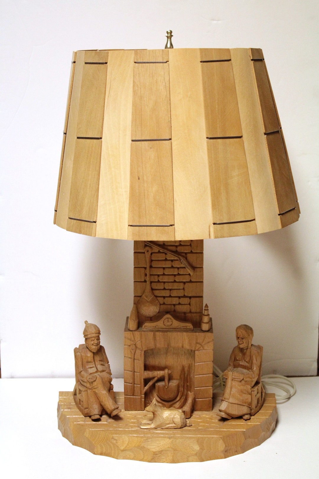 Canadian Carved Wood Folk Art Family by Fireplace Table Lamp Etsy