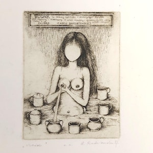May include: A monochrome etching shows a figure pouring liquid into a pot, surrounded by mugs. The artwork features text at the top and bottom, including the words "WODNIK" and "EX LIBRIS". The style is reminiscent of a vintage print.
