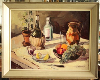 Vintage Still Life Wine & Fruit Oil Painting Signed Steinhaufer