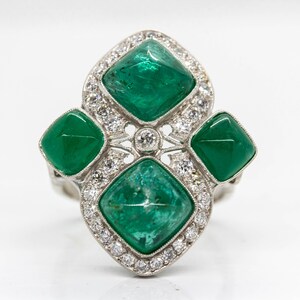 Handmade Platinum Emerald and Old Mine Diamond Ring