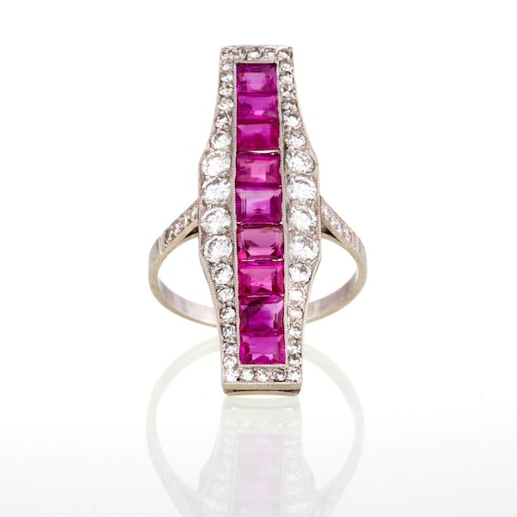 Platinum Art Deco Circa 1920s Diamond and Ruby Rin