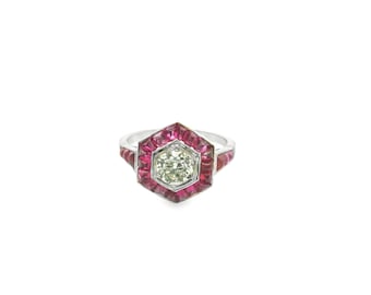 Platinum Old European Cut Diamond and Natural Ruby Ring
