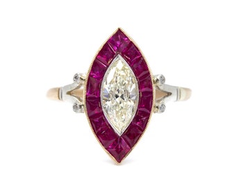 Edwardian 18K Gold and Platinum Diamond and Ruby Marquise Engagement Ring