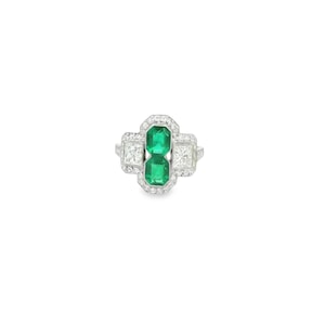 Platinum Natural Colombian Emerald and French cut Diamond Ring