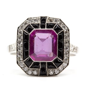Art Deco Platinum Pink Sapphire and Diamond Ring