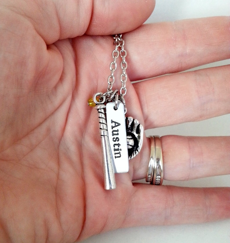 Custom Baseball Necklace With Name Tag Glove and Bat Charms Etsy