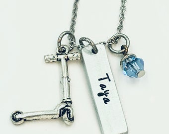 Custom Hand Stamped Name Tag Necklace with Sport Charm : Scooter, Basketball, Soccer Ball, Softball, Baseball, Band, Golf, Football charms