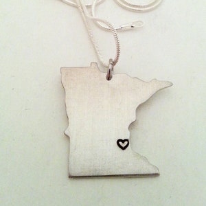 FREE SHIPPING Custom Minnesota State Necklace with Heart over Home Town