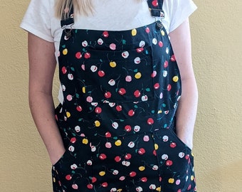 70's inspired Floral denim Overalls Size 1X flare leg Bib Overalls Handmade McCalls Pattern M8162  Red, yellow, white flowers on black denim