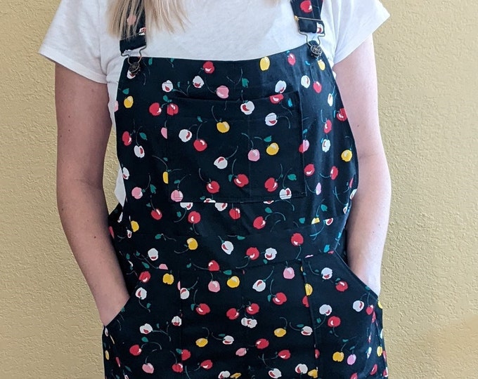 Featured listing image: My 70's inspired Floral denim Overalls Size 1X flare leg Bib Overalls Handmade by me McCalls 8162  Red, yellow, white flowers on black denim