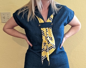 1976 Long Denim Jumpsuit Size 12 Flare leg, Sailor Collar, Vtg. Yellow & Black Polka Dot Scarf drawn thru button trimmed tab Handmade