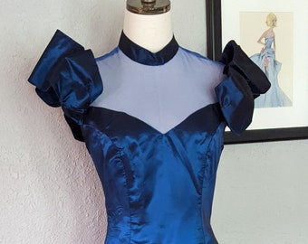 1980's Dark Blue Taffeta Formal Gown Size 11/12 Mesh Front & Back Yokes Stand up Collar Poufy Shoulders plus a pair of fingerless gloves