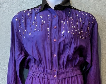 80's one piece silk Jumpsuit Size M by Adam Douglas Purple & Black w/ rhinestones, gems and beads