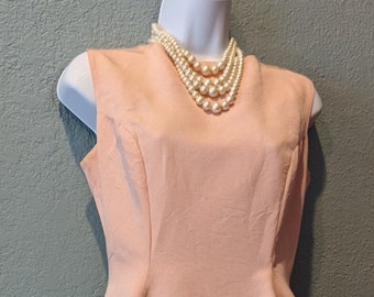 1960's College Party Dress Pastel Pink Faille Taffeta Size Small w/ Back Straps, Removable Chiffon Train & Matching bow