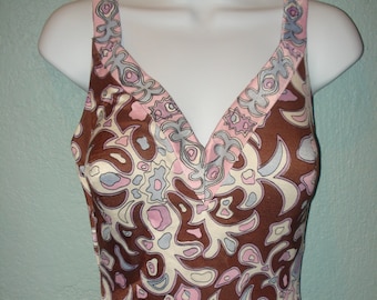 Vintage One Piece Swimsuit Size 16 38 C by Perfection fit by Roxanne Bullet Bra Peek a Boo Skirt Pink,Brown,Blue,White Abstract Pattern