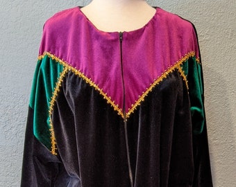 1970's Velour Robe/House Coat Size Medium by It's A Charm Black velour w/purple & Green front panels trimmed in gold braid Zip front