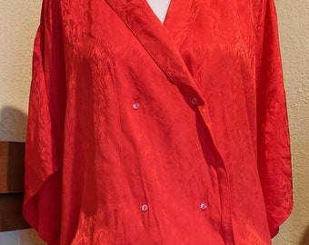 1980's Red Silk Blouson Style Dress w/ matching belt size 18 by Argenti  Double Breasted Closure, Smocked Hip Yoke, Padded Shoulders