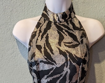 Three tier Ruffle Halter Style Short Party Dress Size 4 by Lillie Rubin Black & Silver Metallic Print Striking Dress