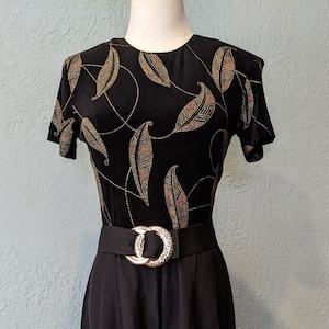 1980&#39;s Long Jumpsuit with Cinch Belt size 10 JR Petite by Joseph Ribkoff Black & Metallic Leaf print top w/ black acetate rayon bottoms