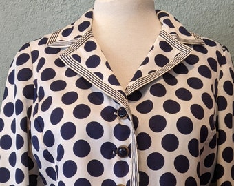 Blue & White Polka Dot Satin Jacket by Gene Burton Pasadena Size Med Fully lined short jacket trimmed in Striped Ribbon and Blue Buttons