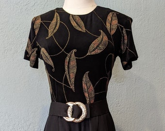 1980's Long Jumpsuit with Cinch Belt size 10 JR Petite by Joseph Ribkoff Black & Metallic Leaf print top w/ black acetate rayon bottoms